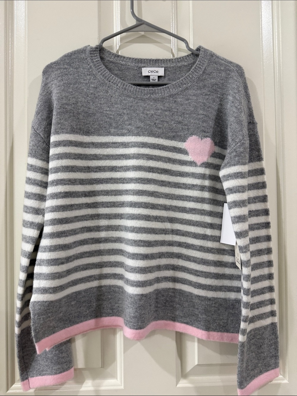 CeCe Gray & Pink Striped Heart Crewneck Sweater